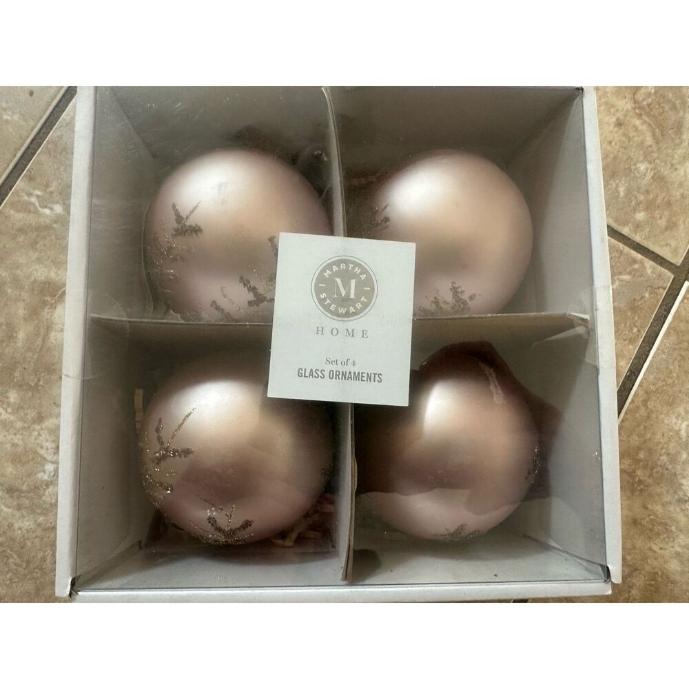 NIB Martha Stewart Lot Of 4 Glass Christmas Ornament Rose Gold